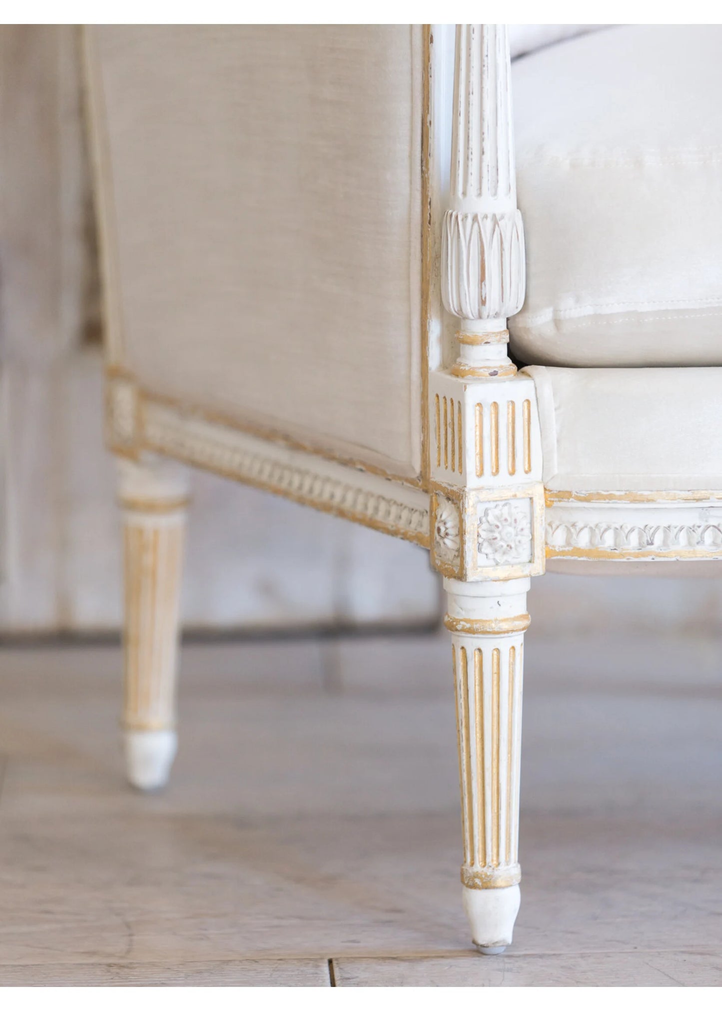 Bergere Chair in Ivory Velvet/Antique White Gold Leaf