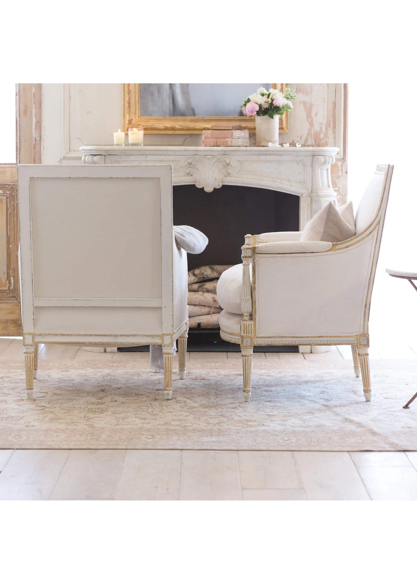 Bergere Chair in Ivory Velvet/Antique White Gold Leaf
