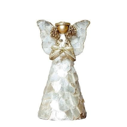 Tabletop Angel with Bouquet - Capiz Flakes Gold 7"