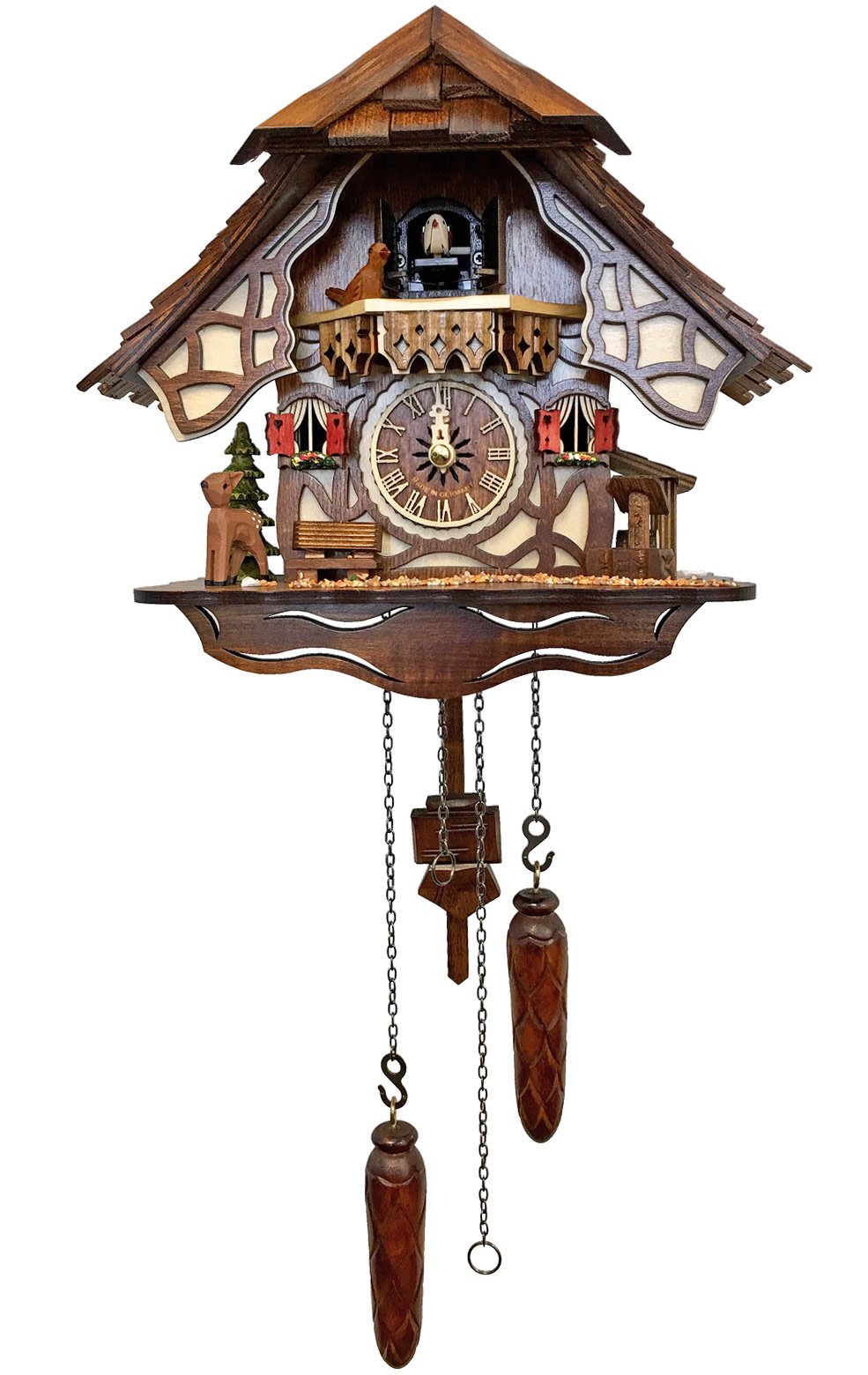 German Cuckoo Clock - Chalet with Bench & Deer (quartz)
