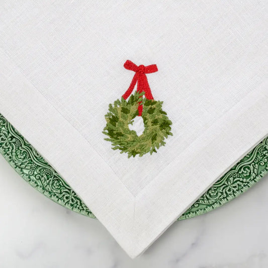 Napkin Large - Holiday Boxwood Wreath White with Red Ribbon
