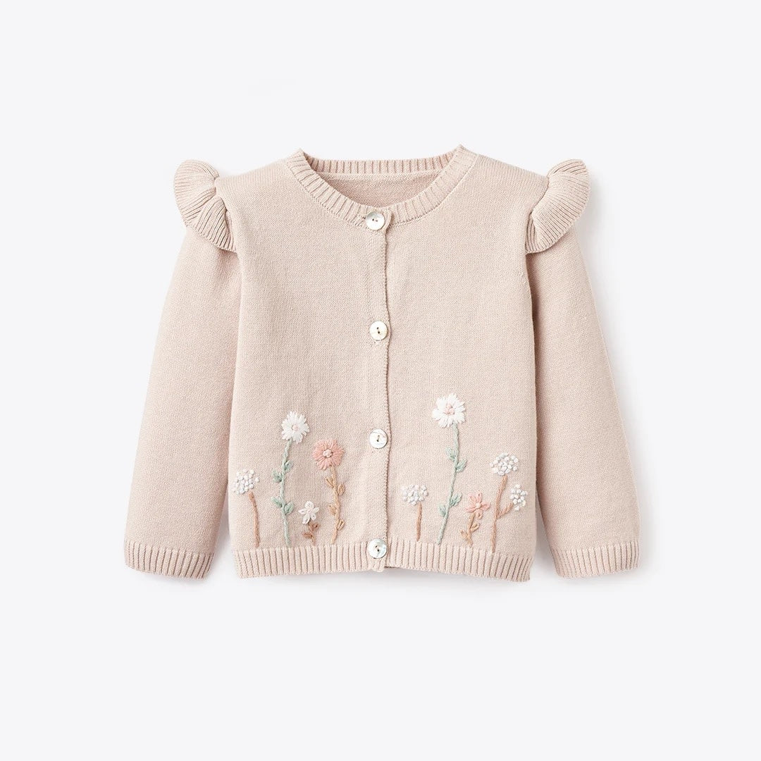 Cardigan Sweater - Embroidered Floral Flutter Sleeve Taupe
