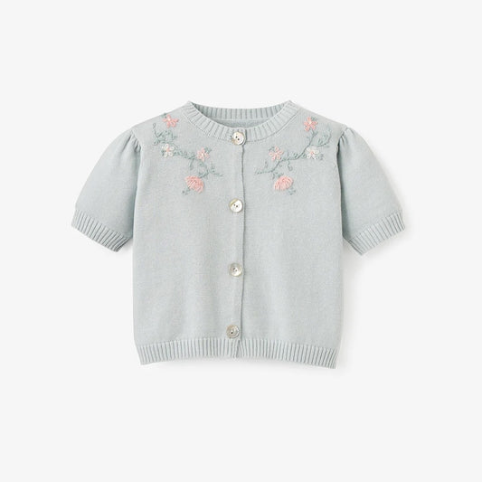 Cardigan Sweater - Embroidered Floral Aqua