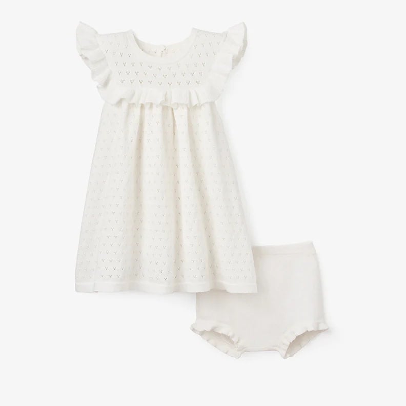 Pointelle Flutter Sleeve Knit Dress White