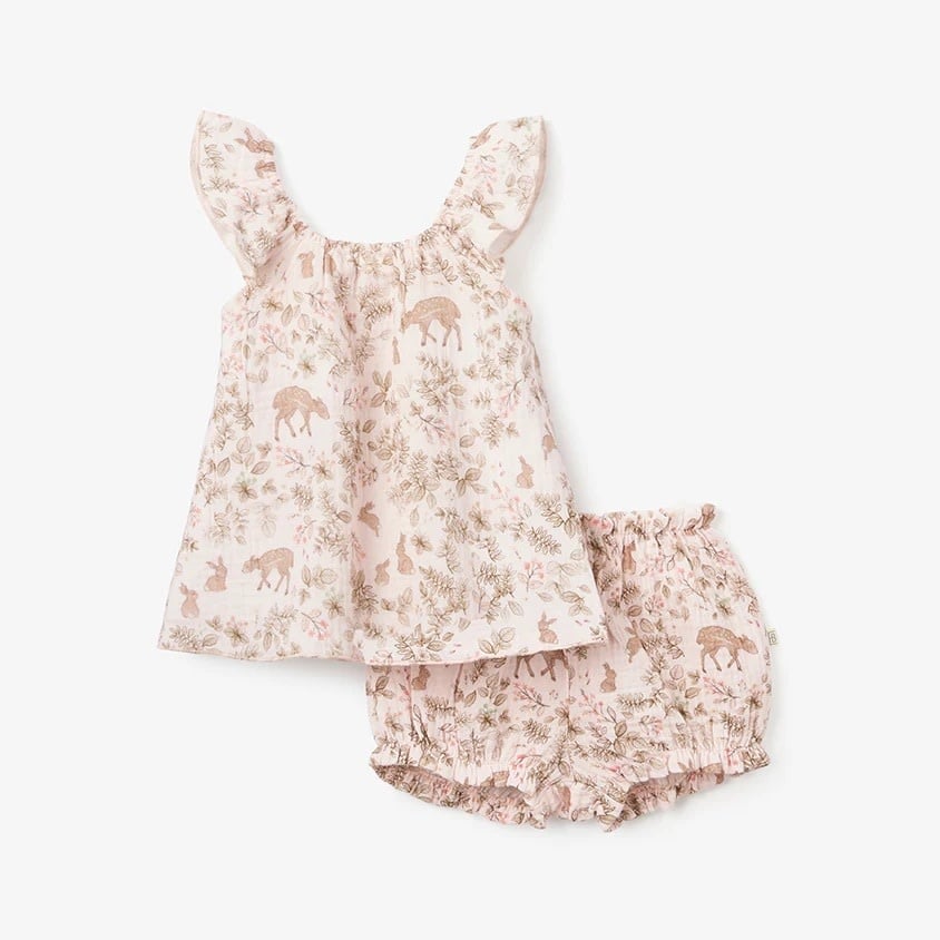 Woodland Print Flutter Dress Blush
