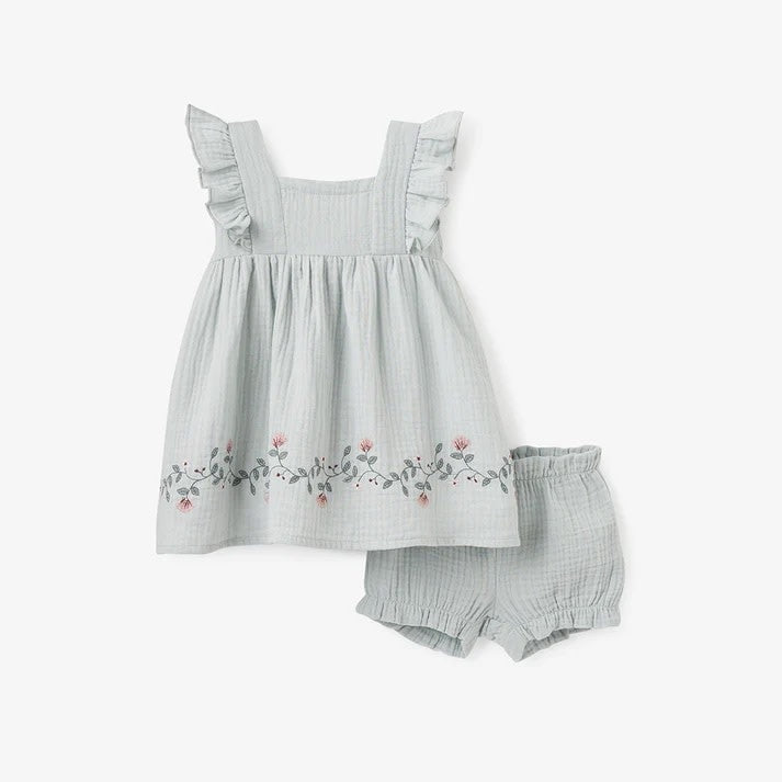 Dress with Bloomers - Embroidered Floral Aqua