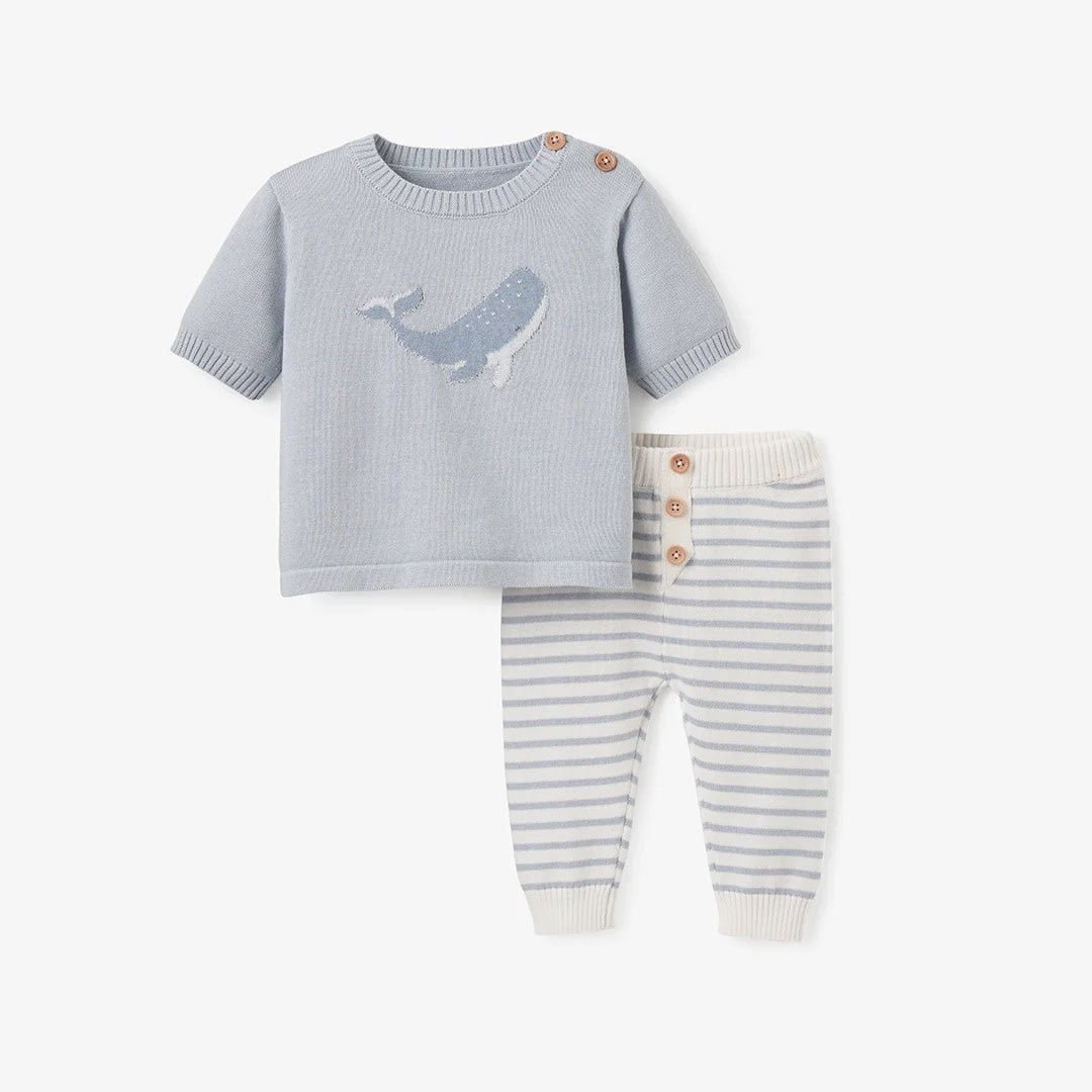 Whale Short Sleeve Sweater & Pant Set - Blue