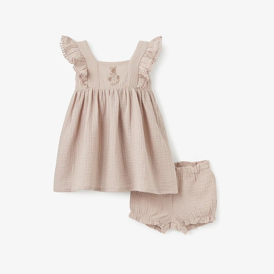 Dress with Bloomers - Embroidered Floral Flutter Sleeve Taupe