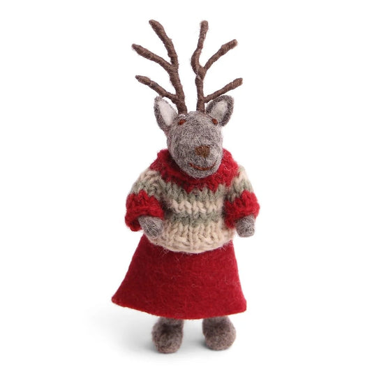 Felt Grey Deer - in Red Dress & Sweater