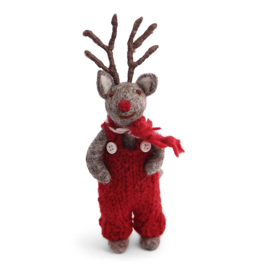Felt Grey Deer - Rudolph with Red Overalls & Scarf