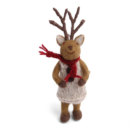 Felt Brown Deer - in Grey Dress & Red Scarf