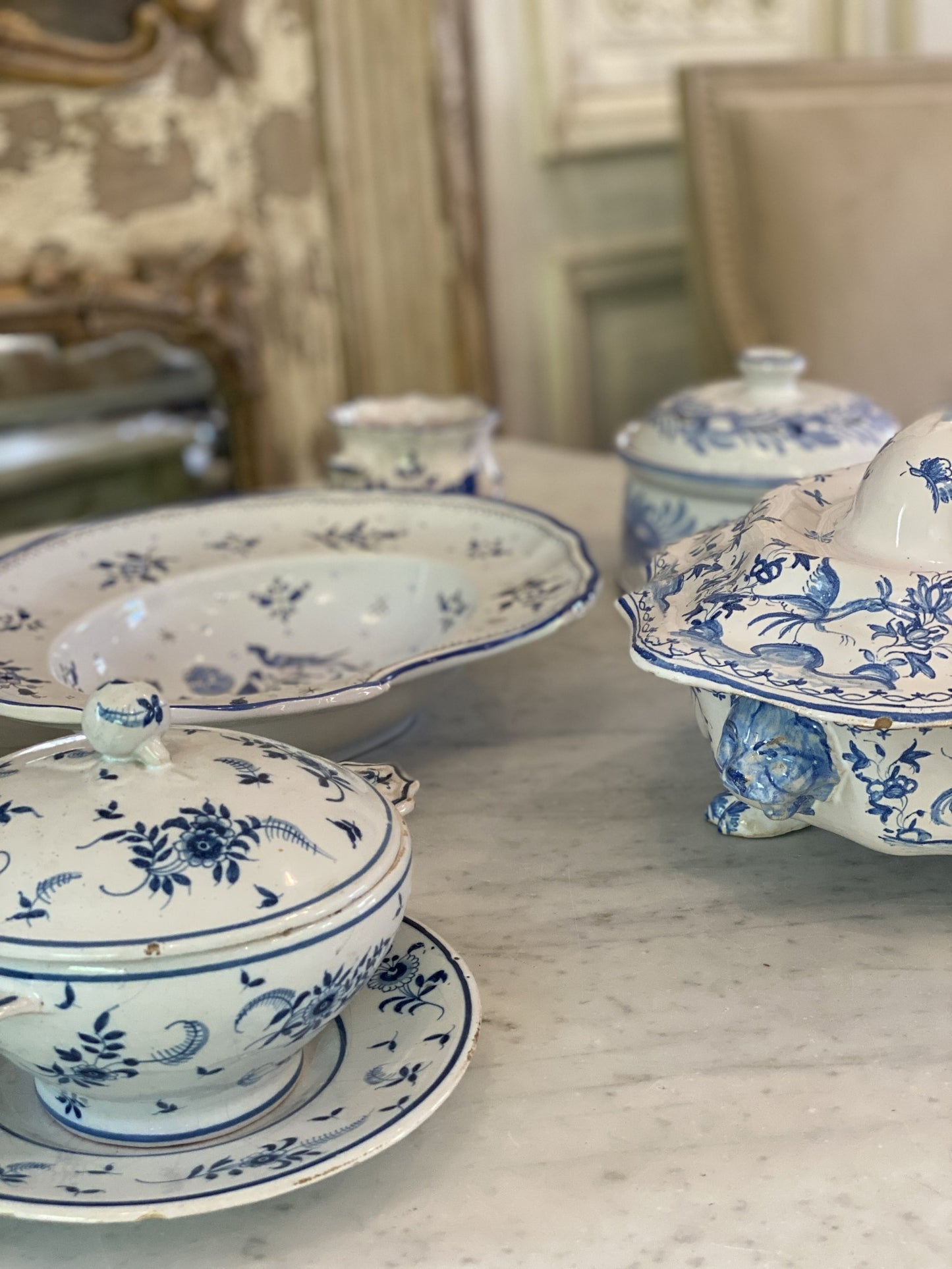Vintage Blue & White Barbers Shaving Basin Handmade in Desvres France by Gabriel Fourmaintraux