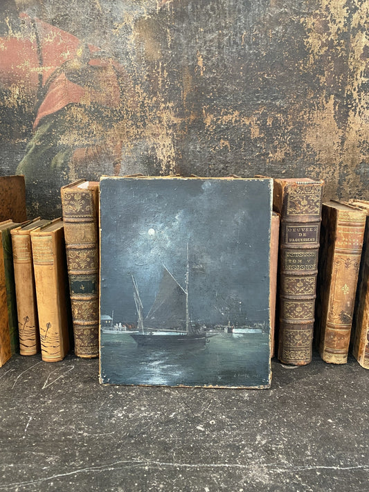 Antique Painting on Board from France - Boats by Moon