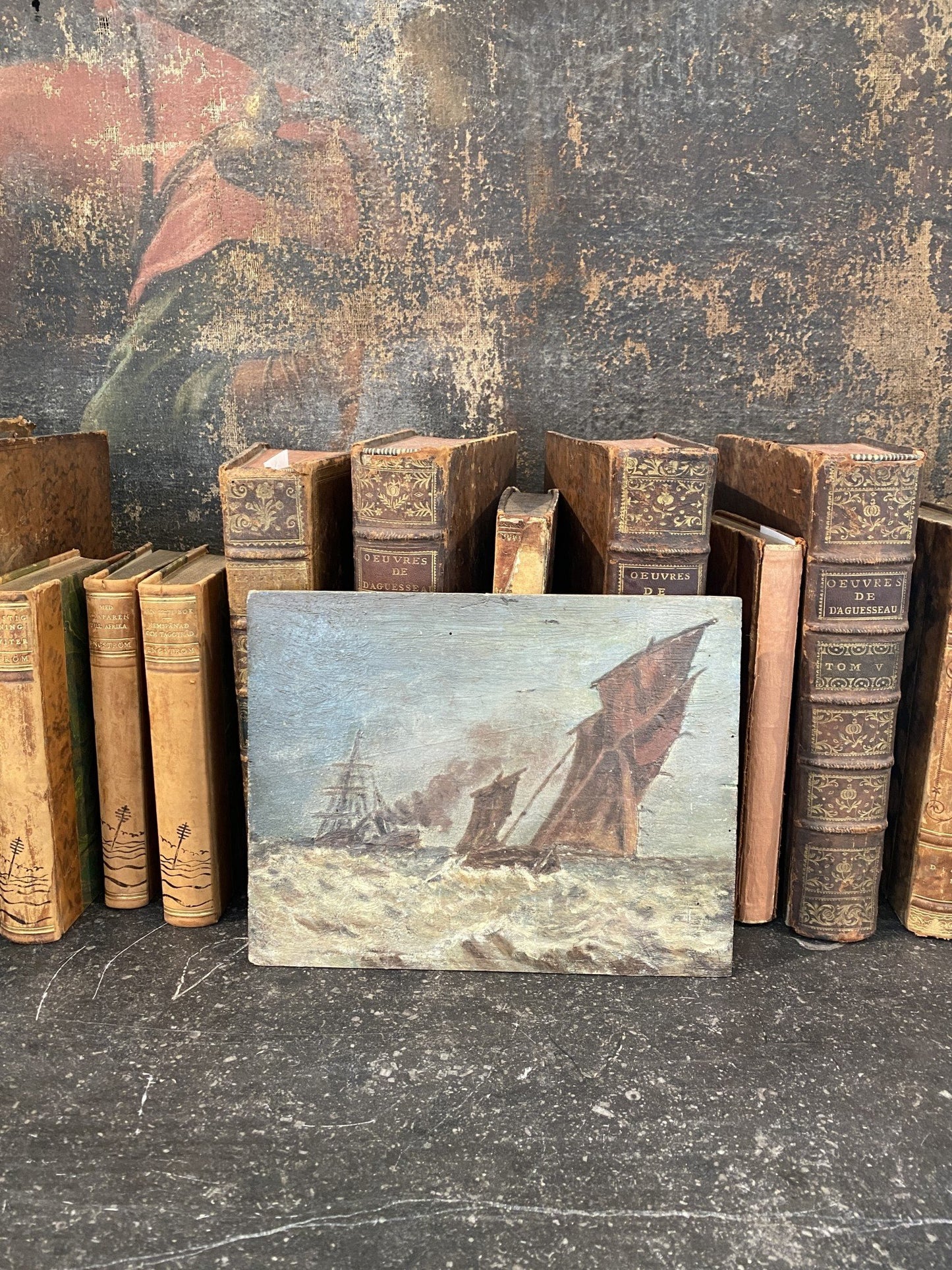Antique Painting on Board from France - Boats at Sea