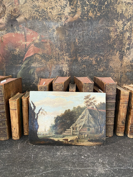 Antique 18th Century Oil on Panel - Cottage with Cows from France