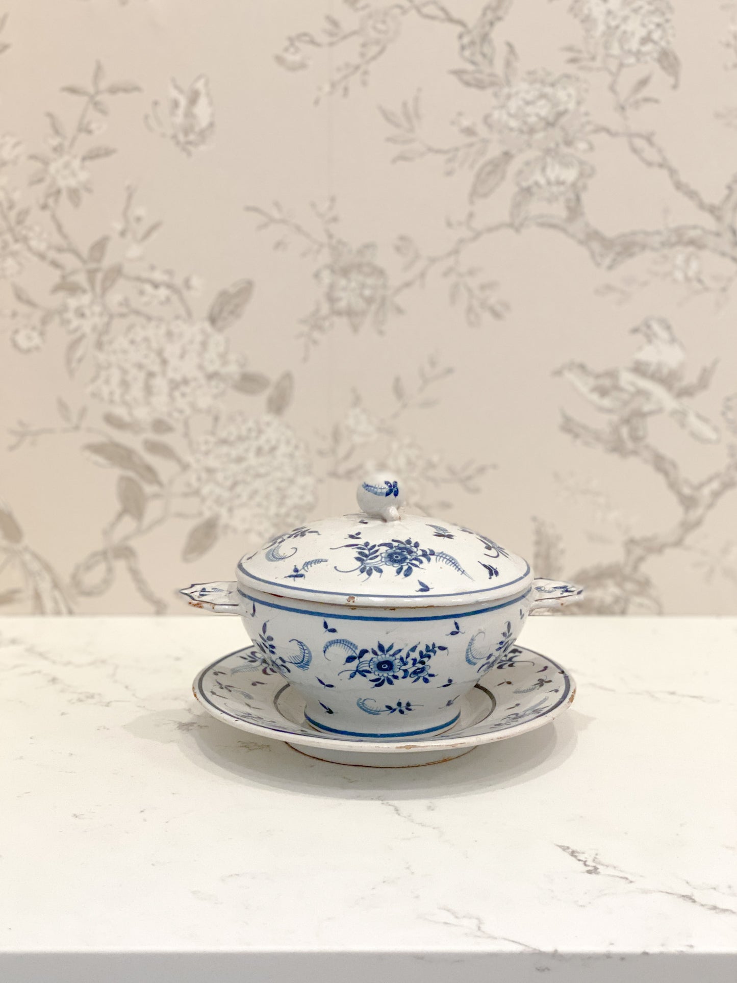 Antique French Blue & White Covered Bowl/Plate