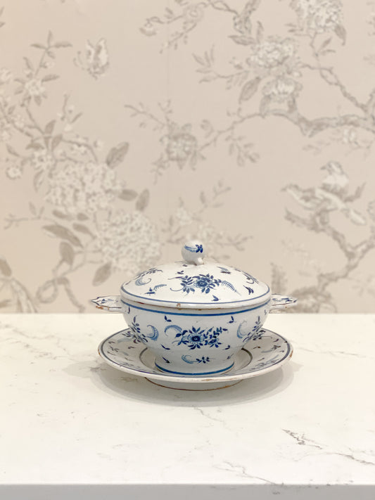Antique French Blue & White Covered Bowl/Plate