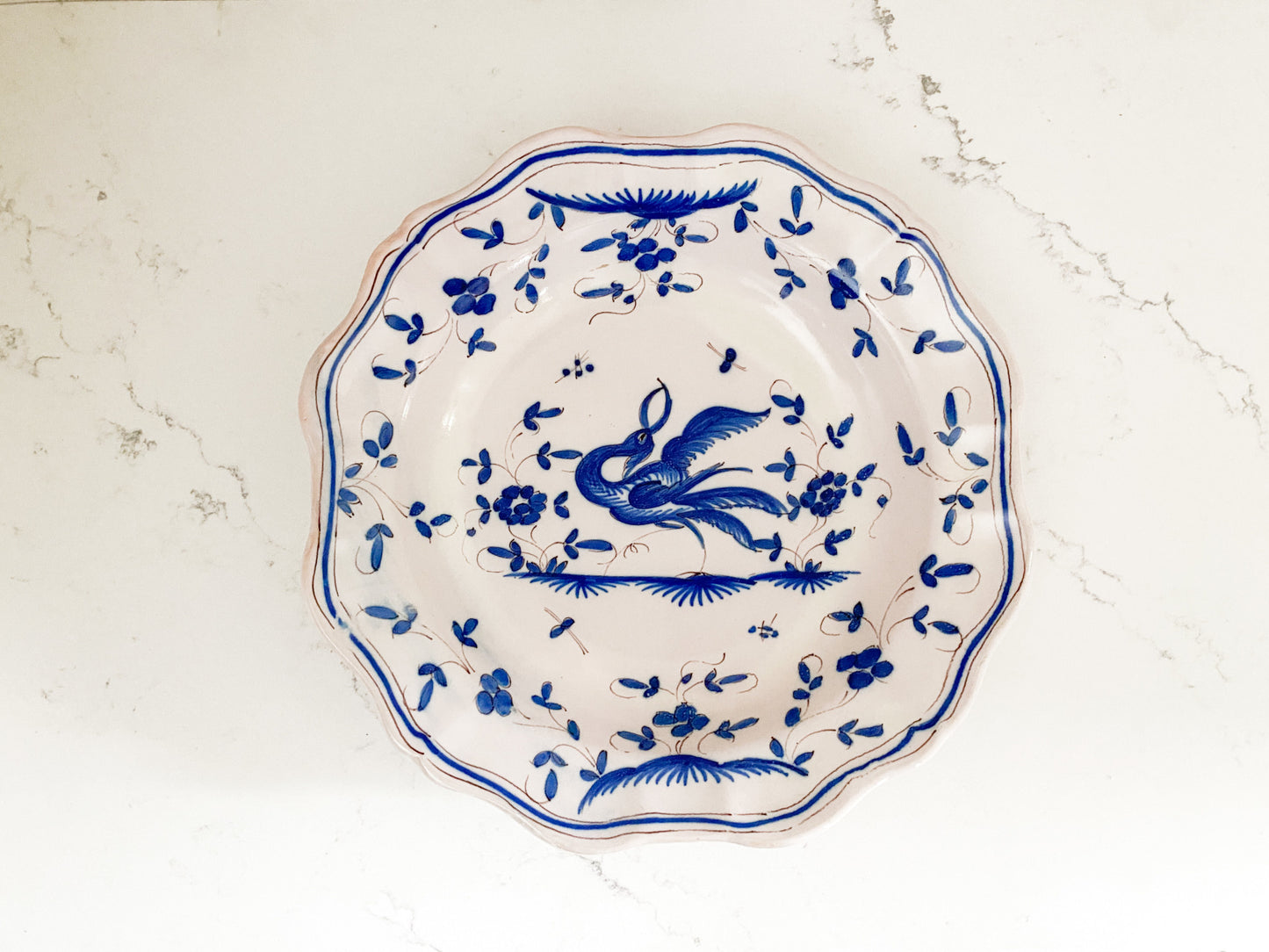 Vintage French Blue & White Moustiers Round Serving Bowl