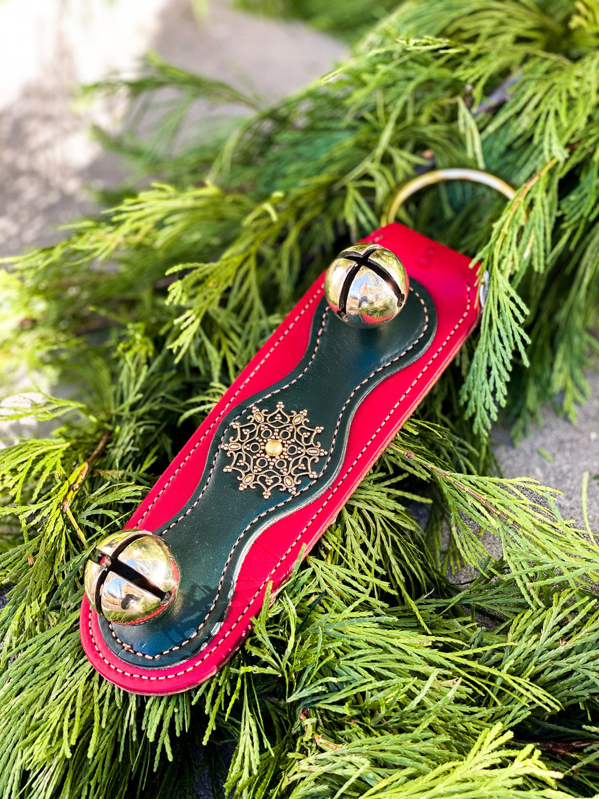 Solid Brass Sleigh Bells - Double Bell Snowflake - Red/Green