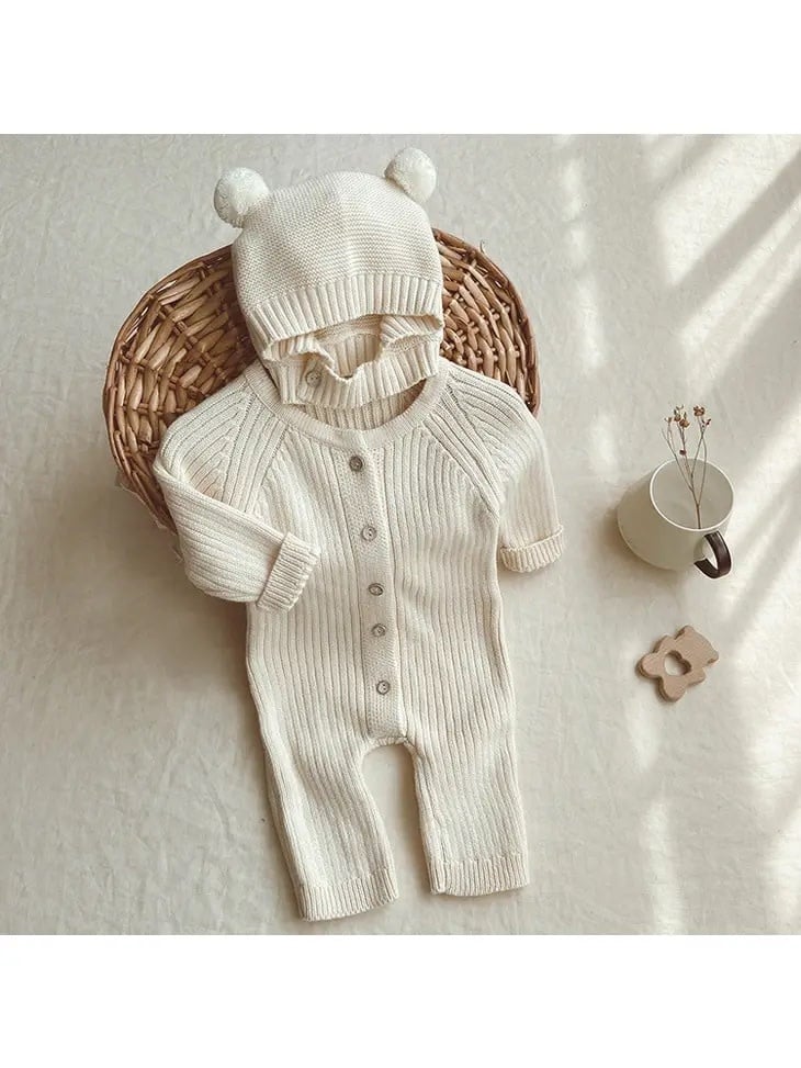 Knitted Suit With Cap - Cream 6-12M
