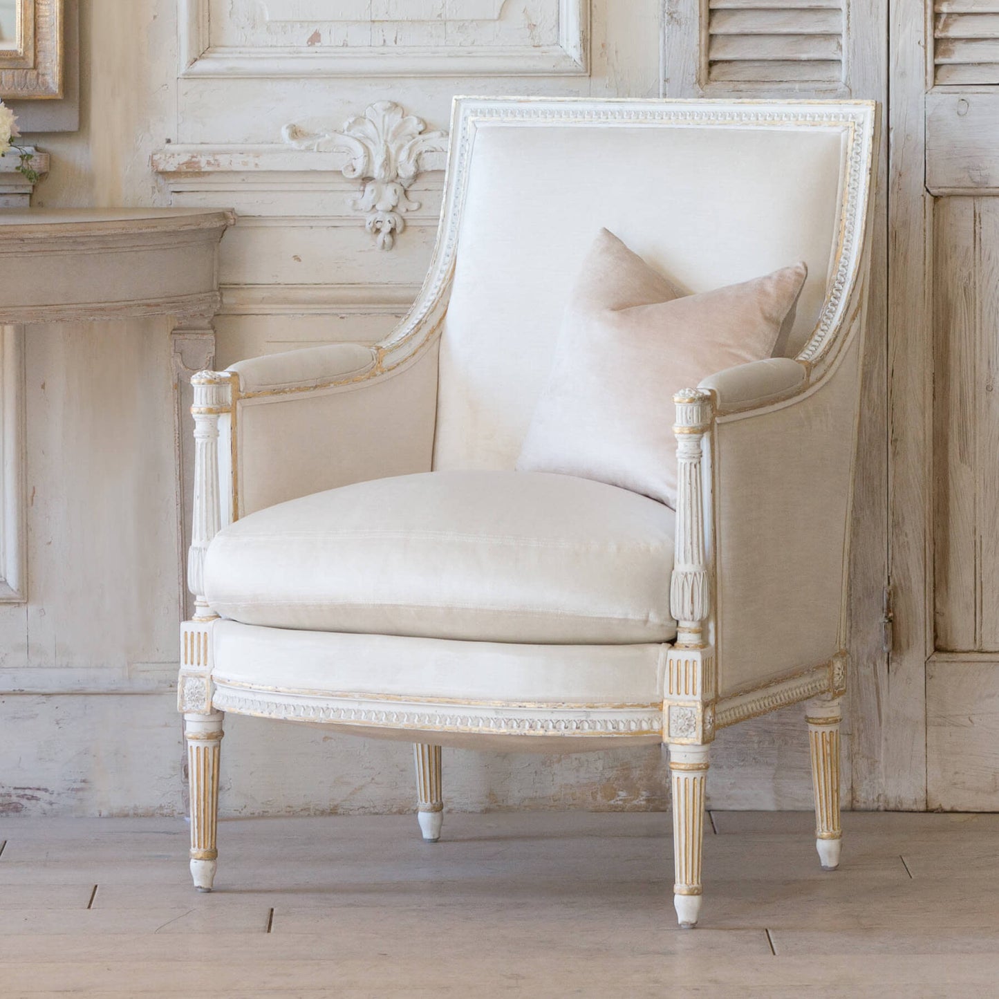 Bergere Chair in Ivory Velvet/Antique White Gold Leaf