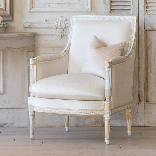 Bergere Chair in Ivory Velvet/Antique White Gold Leaf