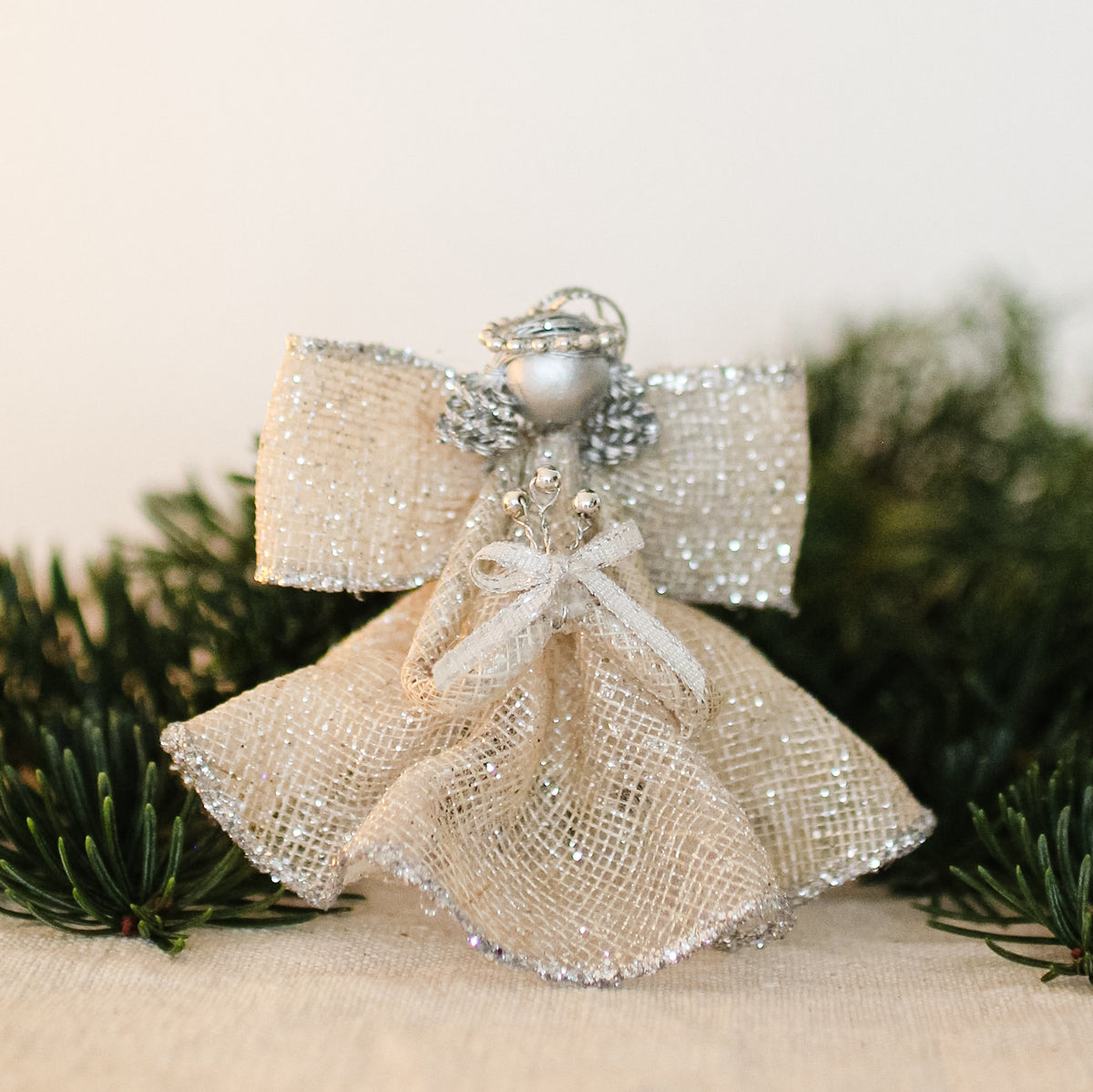 Ornament - Angel - Sinamay with Bow Silver 3.5"