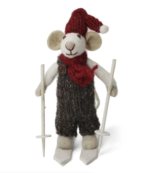 Felt White Mouse - on Skis in Overalls