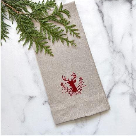 Towel - Stag With Holly Berries - Soft Flax