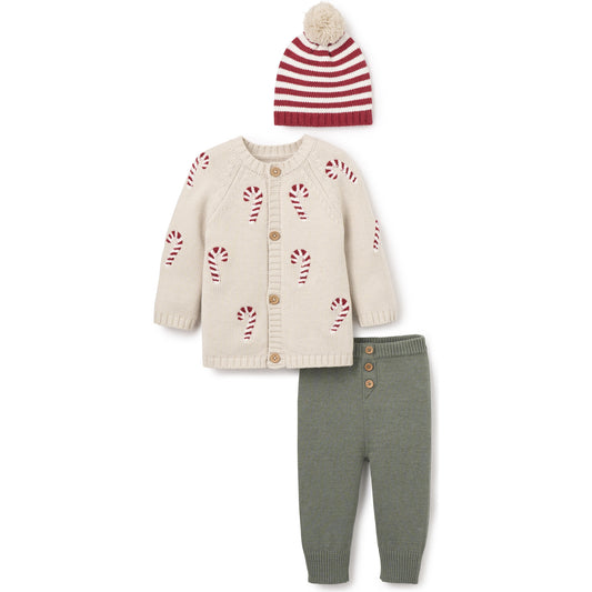 Cardigan, Pants & Hat Set - Candycane