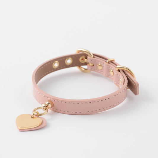 Leather Dog Collar - Pink with Heart Charm