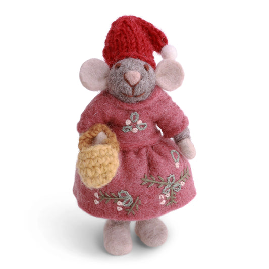 Felt Grey Mouse - in Pink Dress with Purse