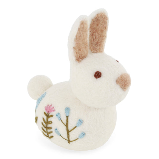 Ornament - Sitting Bunny with Flower Embroidery - White