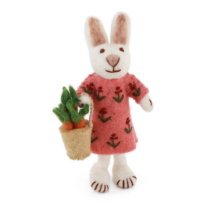 Felt White Bunny - in Dress with Carrot Basket