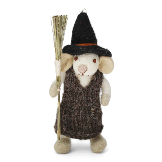 Felt White Mouse - with Broom in Dress