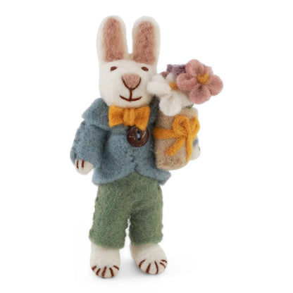 Felt White Bunny - in Green Pants with Bouquet