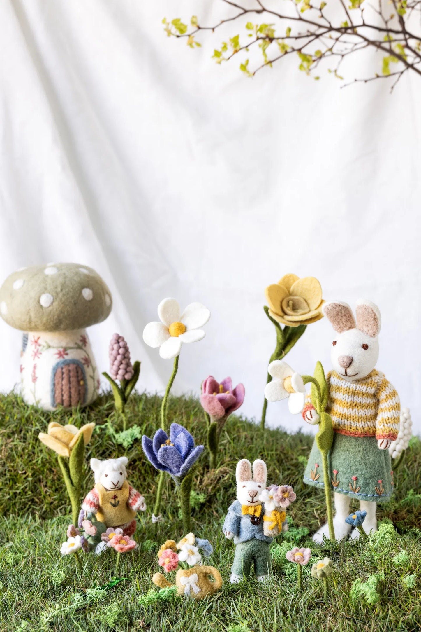 Felt White Bunny - in Green Pants with Bouquet