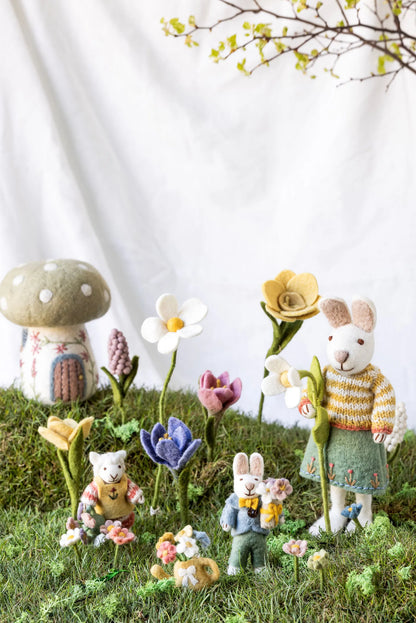 Felt White Bunny - in Green Pants with Bouquet