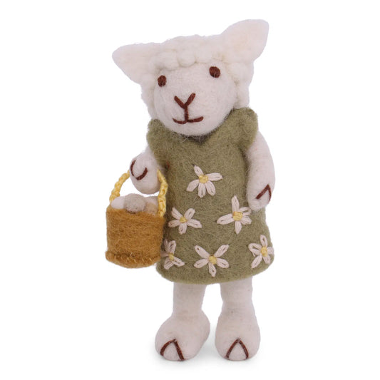 Felt White Sheep - in Dress with Egg Basket