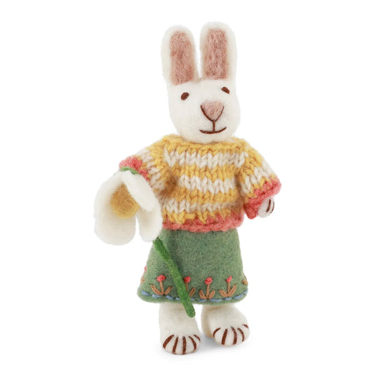 Felt White Bunny - in Dress with Snowdrop