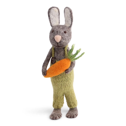 Big Felt Grey Bunny - in Overalls with Carrot