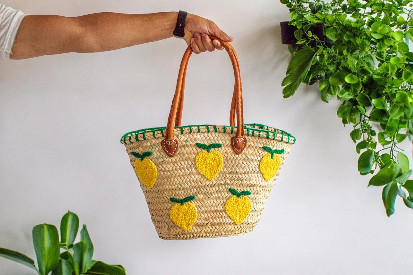French Market Tote - Embroidered Lemons Medium