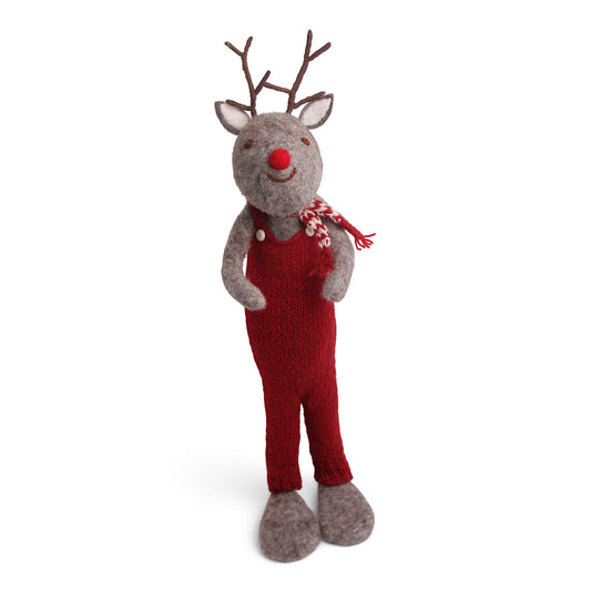 Extra Large Felt Grey Deer - Rudolph with Red Overalls