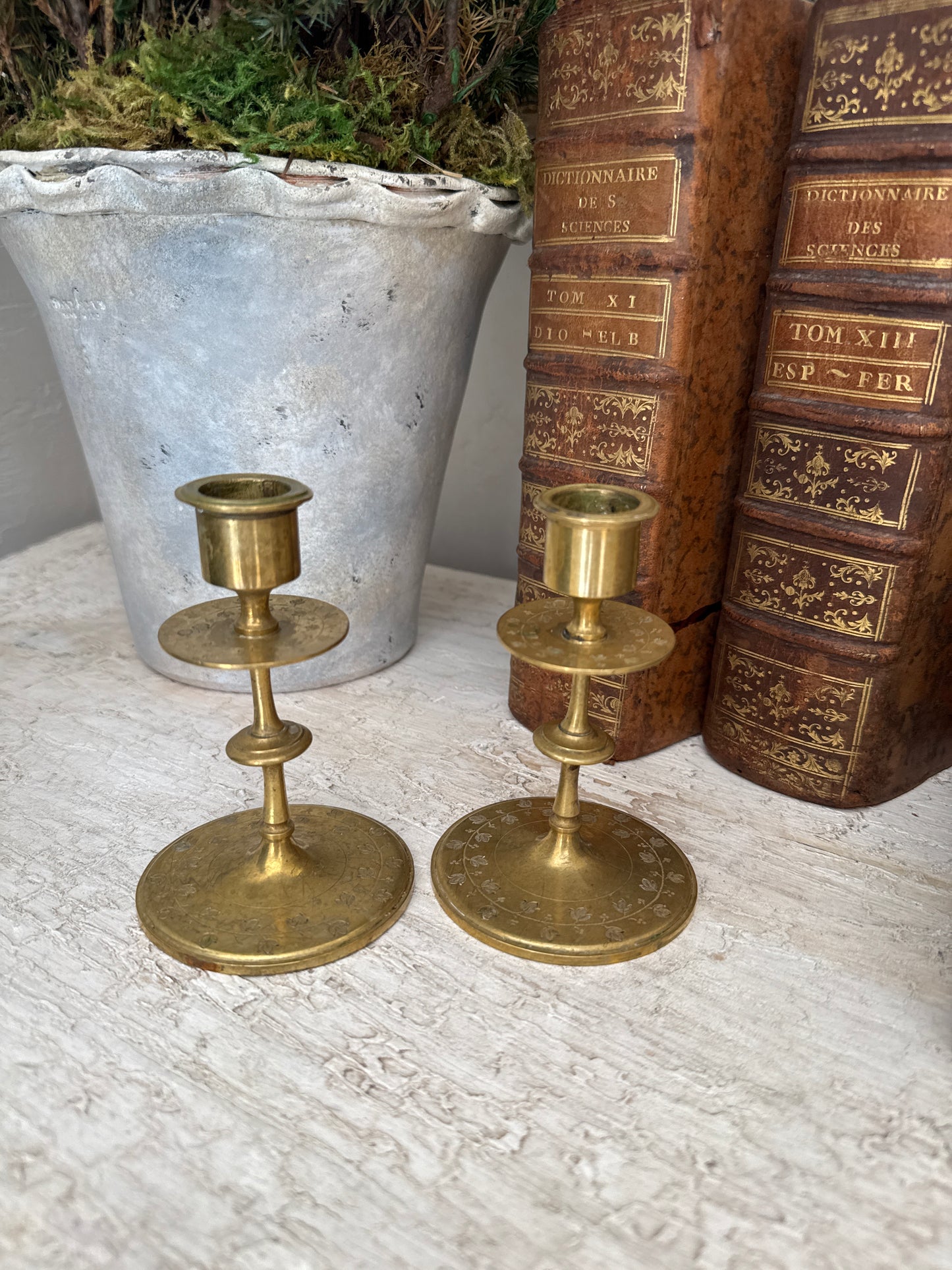 Antique 19th c. French Brass Candlesticks with Engraved Foliage (pair)
