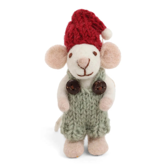 Baby Felt White Mouse - in Green Overalls