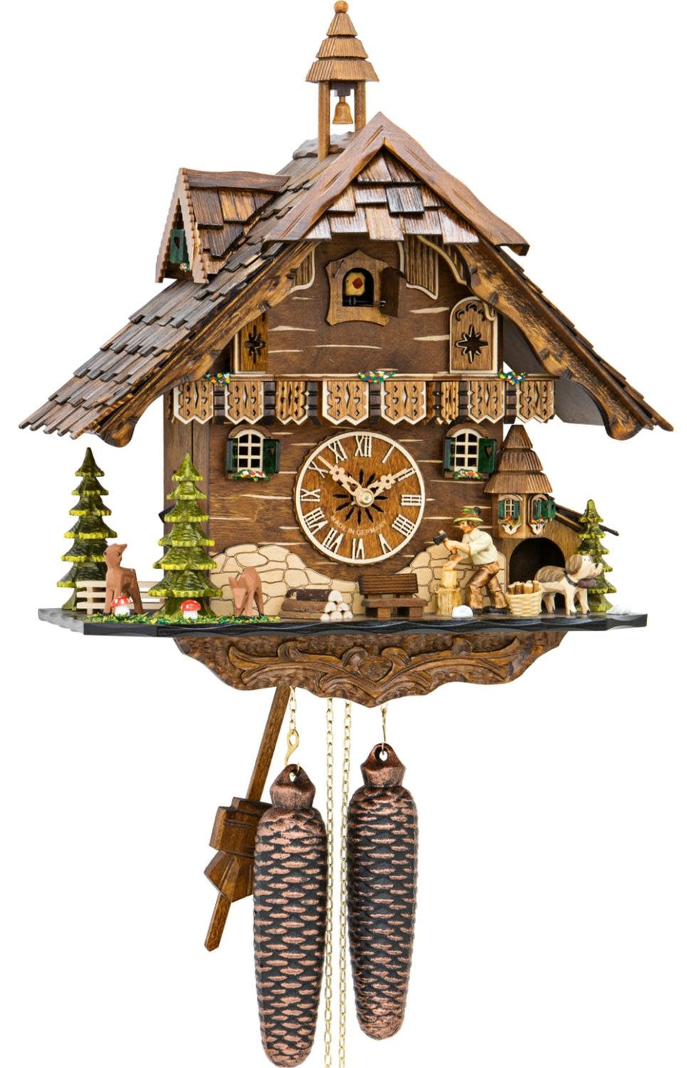 German Cuckoo Clock - Chalet with  Wood Chopper, Dog and Deer (mechanical)