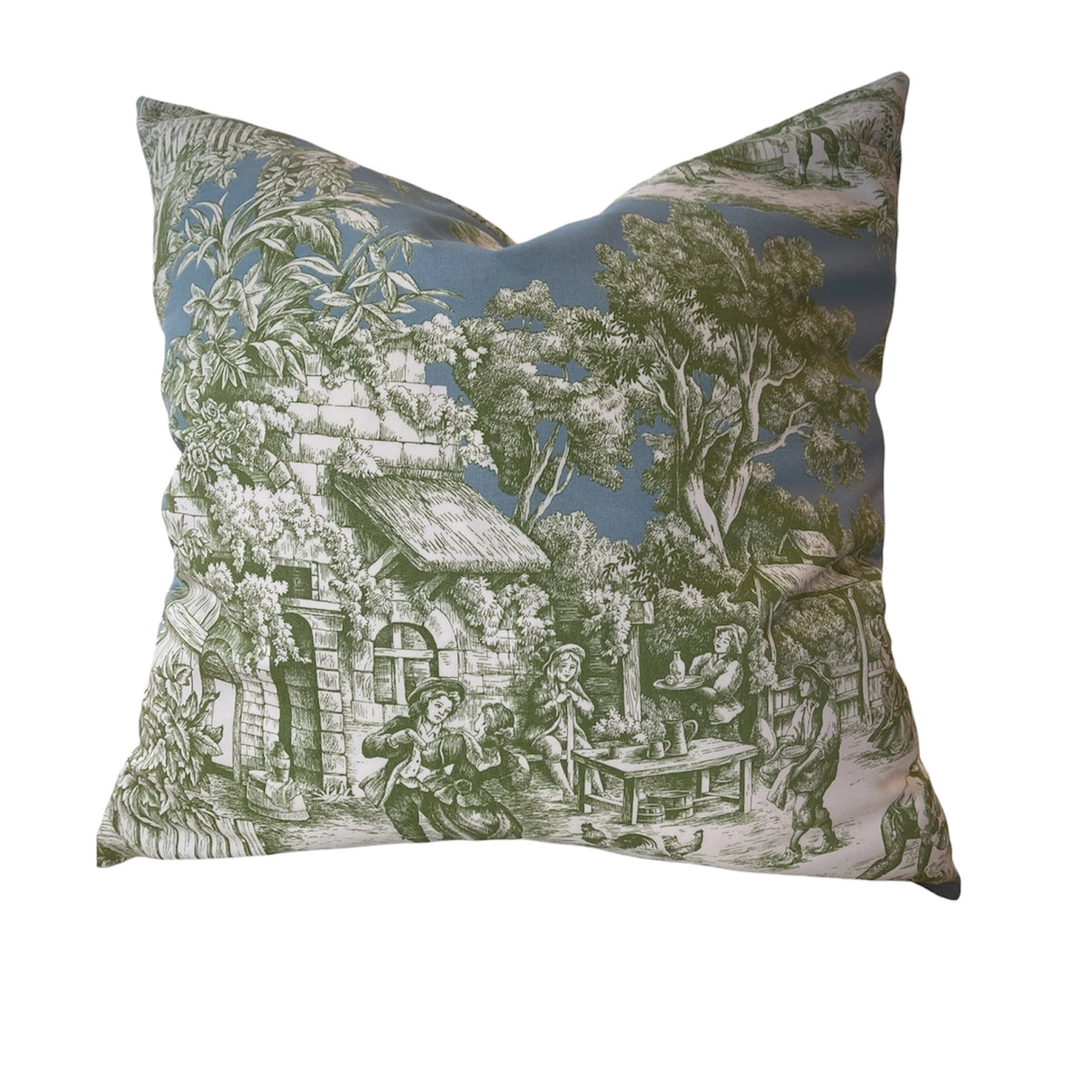 Pillow - Old World Toile in Blue/Green with Feather Insert - 20"x 20"