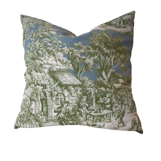 Pillow - Old World Toile in Blue/Green with Feather Insert - 20"x 20"