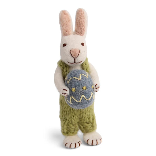 Felt White Bunny - in Overalls with Blue Egg