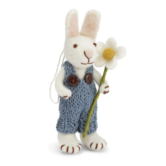 Felt White Bunny - in Overalls with Marguerite